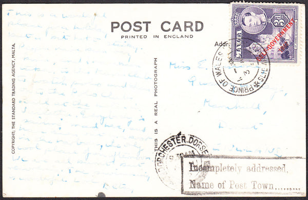 94038 - 1955 MAIL MALTA TO DORSET/INSTRUCTIONAL HAND STAMP. Post card Malta to Dorset with Malta 3d "SELF...