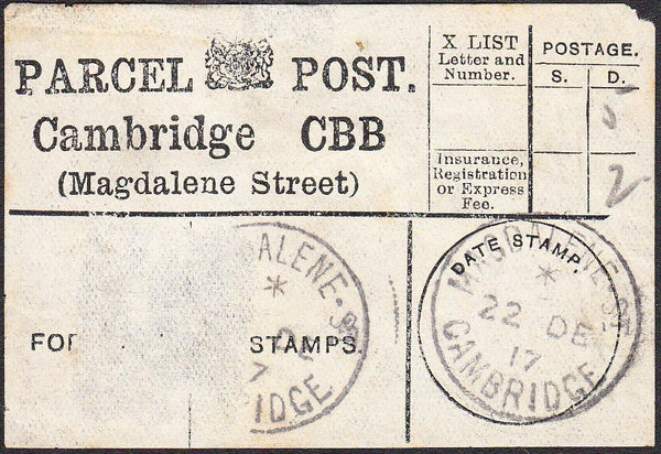 94458 - PARCEL POST LABEL/CAMBS. 1917 label Cambridge CBB/...