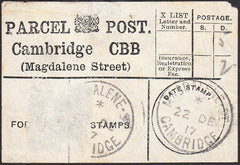 94458 - PARCEL POST LABEL/CAMBS. 1917 label Cambridge CBB/...