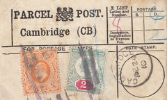 94463 - 1910 PARCEL POST LABEL/CAMBS. 1910 label 'Cambridge (CB)...