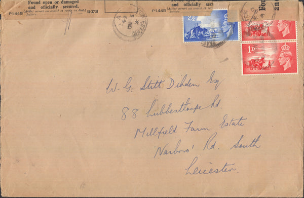 94501 - 1964 MAIL LONDON TO LEICESTER/ 'FOUND OPEN OFFICIALLY SECURED' LABEL. Large envelope 216x141) London to the collector 'W.G. Still Dibden...Leicester..'