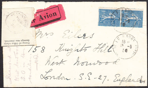 94506 - 1930 DAMAGED MAIL FRANCE TO LONDON/OFFICIALLY RESEALED. Envelope France to London with ...