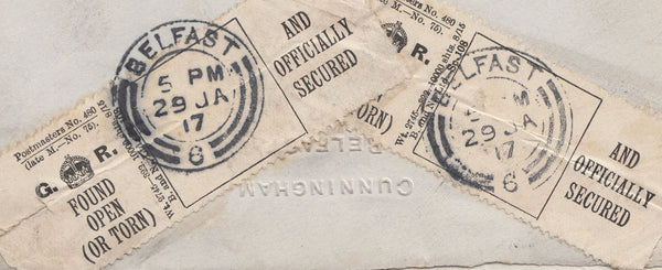 94509 - 1917 DAMAGED MAIL BELFAST TO EDINBURGH WITH 'OFFICIALLY SECURED' LABELS.