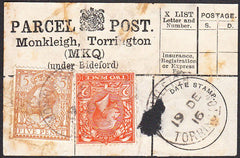 94535 - PARCEL POST LABEL/DEVON. 1916 label (damaged) Monk...