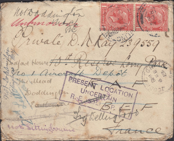 94579 1919 UNDELIVERED MAIL DARLINGTON (DURHAM) TO B.E.F. IN FRANCE, RETURNED TO VARIOUS 'DODDINGTON'S' IN THE UK.