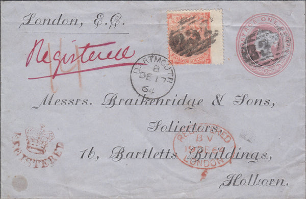 94621 - 1864 REGISTERED MAIL DARTMOUTH TO HOLBORN. 1d pink envelope on blued pa...