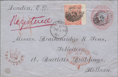 94621 - 1864 REGISTERED MAIL DARTMOUTH TO HOLBORN. 1d pink envelope on blued pa...