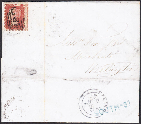 94687 - 1855 EXETER/'SOUTH-ST' RECEIVER'S HAND STAMP. Wrapper Exeter to Wellington with 1d ...