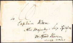 94760 - CIRCA 1820 MAIL ADDRESSED TO 'HIS MAJESTYS SHIP SPITFIRE MILFORD HAVEN'. Undated wrapper (circa 1820), some soiling...