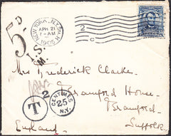 94769 - 1905 UNDERPAID MAIL US TO BRAMFORD SUFFOLK. Envelope New Yo...