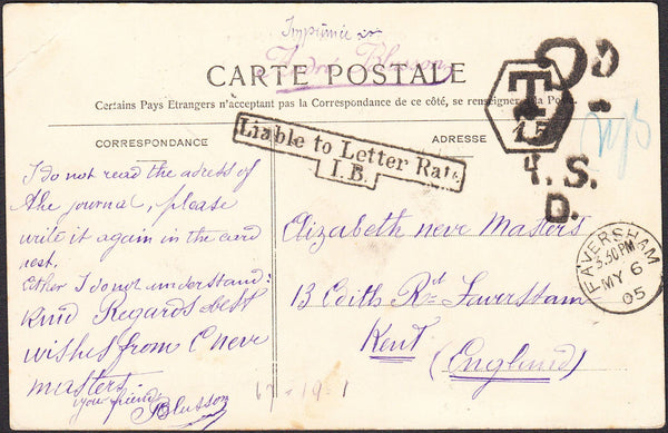 94774 - 1905 UNDERPAID MAIL FRANCE TO FAVERSHAM KENT. Post card...
