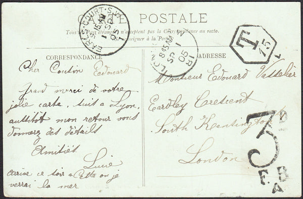 94775 - 1905 UNDERPAID MAIL LYON FRANCE TO LONDON. Post card Ly...