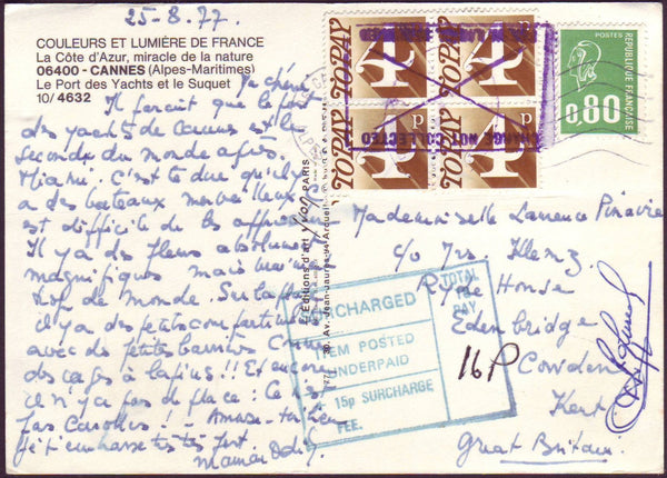 94789 - 1977 post card France to Cowden, Kent, postage und...