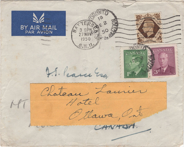 95043 - 1950 REDIRECTED MAIL LONDON TO CANADA WITH COMBINATION OF GB AND CANADIAN ISSUES. Envelope London to Canada with KGVI 1s cancel...