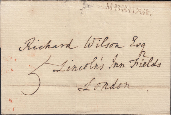 95126 - 1800 CAMBS/'CAMBRIDGE' HAND STAMP (CB34). Wrapper Cambridge to 'Richard Wilson Lincoln's Inn Fields London' dated 7th ...