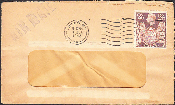 95142 - 1942 AIR MAIL FROM LONDON 2/6D BROWN (SG476). Window envelope, slight imperfections with KG...