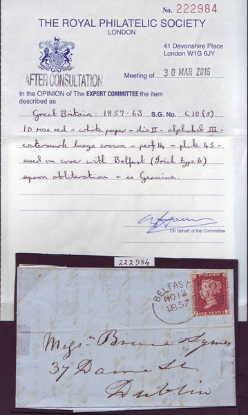 95157 1857 DIE 2 1D PL.45 ROSE-RED ON WHITE PAPER PERF 14 (SG40) ON COVER WITH 'BELFAST/62' SPOON (RA13).