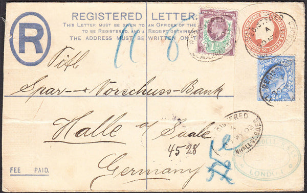 95167 - 1903 REGISTERED MAIL LONDON TO GERMANY. KEDVII 3d red-brown registered envelope Londo...