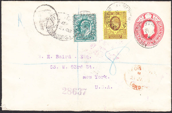 95242 - 1903 REGISTERED MAIL NORWOOD TO NEW YORK. Envelope with KEDVII 1d postal stationery, al...