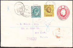 95242 - 1903 REGISTERED MAIL NORWOOD TO NEW YORK. Envelope with KEDVII 1d postal stationery, al...