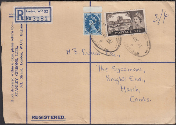 95519 - 1967 2/6 CASTLE UK REGISTERED USAGE LONDON TO CAMBS. Stanley Gibbons registered envelope London to...