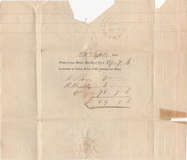 95643 - 1841 1D MULREADY 'BARCLAY AND CO' ADVERT (MA308a). A good used 1d Mulready wrapper