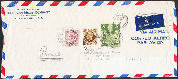 95906 - 1948 MAIL LONDON TO USA 2/6D YELLOW-GREEN (SG476b). Large envelope (241 x 106mm) London to Atlant...