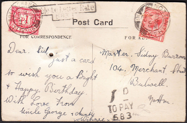 95930 - 1932 UNDERPAID MAIL. Post card used locally in Not...