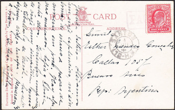 95938 - 1908? PAQUEBOT MAIL TO ARGENTINA. Post card to Argentina with GB KEDVII 1d cancel...