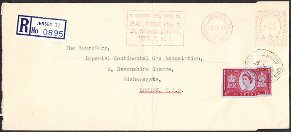 95941 1955 REGISTERED MAIL JERSEY TO LONDON WITH METER MARK/6D CORONATION CUTOUT.