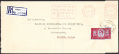 95941 1955 REGISTERED MAIL JERSEY TO LONDON WITH METER MARK/6D CORONATION CUTOUT.