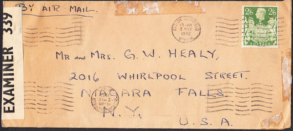 95955 - 1942 MAIL SUTTON COLDFIELD TO USA/2/6D YELLOW-GREEN (SG476b). Large envelope (250 x 100mm), some adherence ...