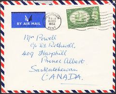 95960 - 1952 MAIL GILLINGHAM (KENT) TO CANADA 2/6D YELLOW-GREEN (SG509). Envelope (fault at top - stamp not affected) ...