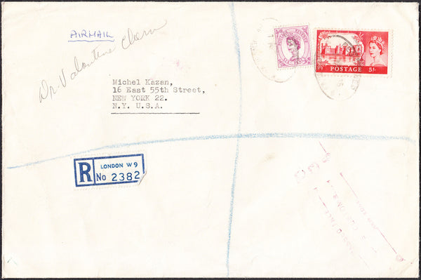 95965 - 1966 MAIL LONDON TO USA 5S CASTLE. Large envelope (228 x 151mm) sent registered air ma...
