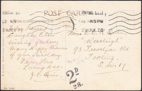 96042 - 1920 UNPAID MAIL USED LOCALLY IN TOOTING. Post card used locally in T...