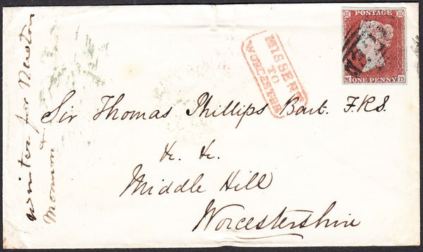 96314 - 1853 WORCS/'MISSENT TO WORCESTER' (WO927)/PL.161(MD)(SG8).  Envelope Grantham to Worcester...