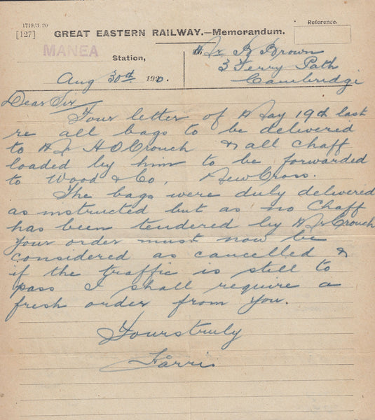 96370 - CAMBS/RAILWAYS. 1920 Great Eastern Railway Memoran...