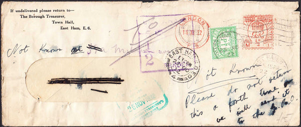 96377 - 1932 UNDELIVERED MAIL LONDON USAGE. Window envelope (210x90) used within London