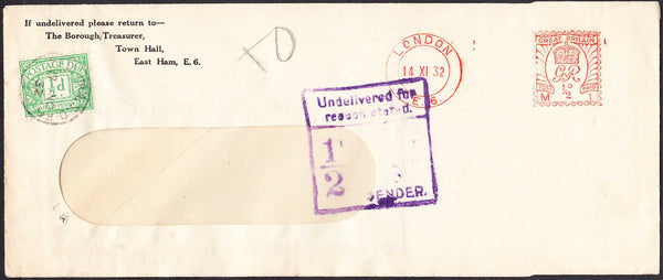 96378 - 1932 UNDELIVERED MAIL LONDON USAGE. Window envelope (215 x 90) ...