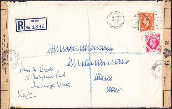 96382 - 1952 MAIL RICHMOND (YORKS) TO SIDCUP/REUSED REGISTERED TO TUNBRIDGE WELLS/OFFICIALLY RESEALED. Large envelope (210x133), slight faults Richmo...