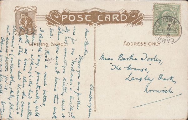 96390 - CAMBS. 1908 post card to Norwich with KEDVII ½d ca...