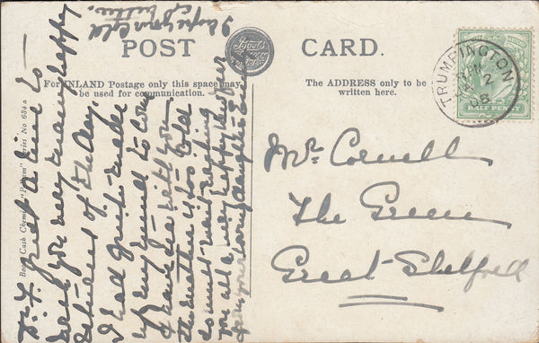 96399 CAMBS. 1908 post card Gonville and Caius College to Great Shelford.