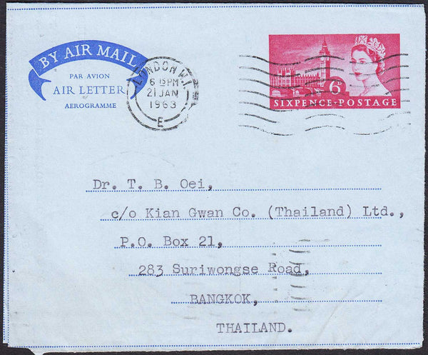 96443 - 1963 AIR LETTER UK TO THAILAND. Fine 6d air letter...
