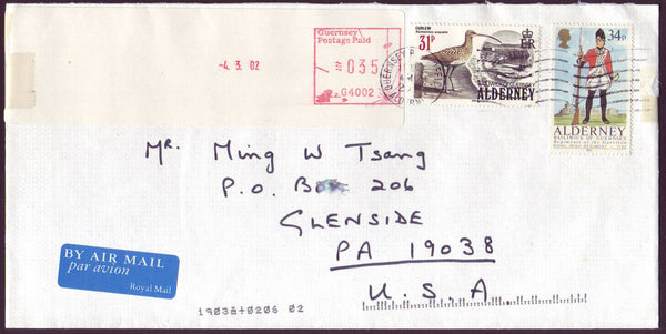 96485 - 2002 COMMERCIAL MAIL ALDERNEY TO USA. Large envelope (220 x 110) Guernsey to U...