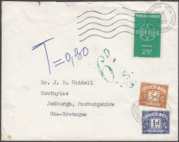 96628 - 1960 UNDERPAID MAIL FRANCE TO JEDBURGH. Envelope P...