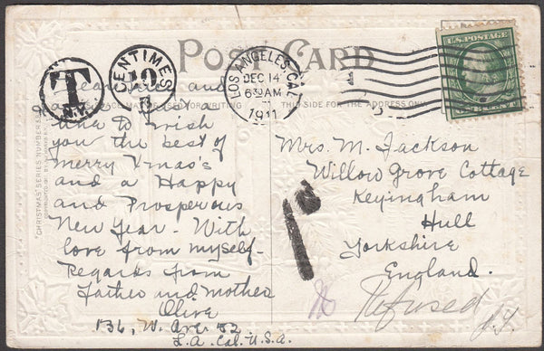 96769 - 1911 UNDERPAID MAIL US TO THE UK. Post card Los An...