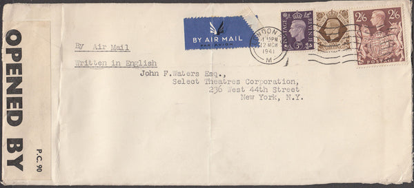 96864 - 1941 MAIL LONDON TO USA 2/6D BROWN (SG476). Large envelope (230 x 101) London to New York with ...