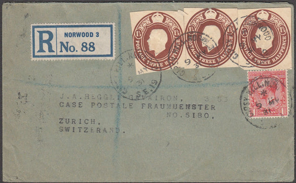 97014 - 1931 POSTAL STATIONERY CUTOUTS. Envelope sent regi...