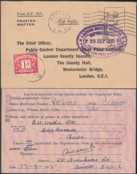 97360 - 1935 UNPAID MAIL. Printed card re transfer of moto...