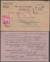 97361 - 1924 UNPAID MAIL. Printed card re transfer of moto...
